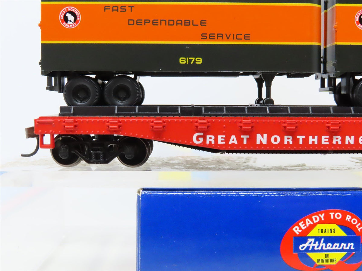 HO Scale Athearn 92364 GN Great Northern 50&#39; Flat Car #60315 w/ Two 25&#39; Trailers
