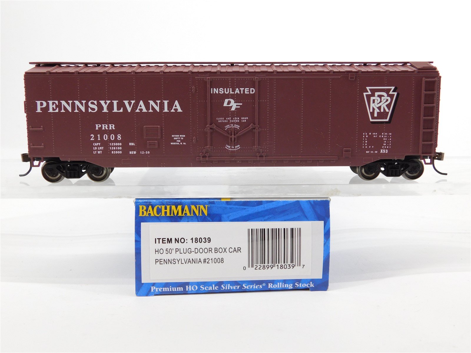 HO Scale Bachmann Silver #18039 PRR Pennsylvania 50' Plug Door Box Car #21008