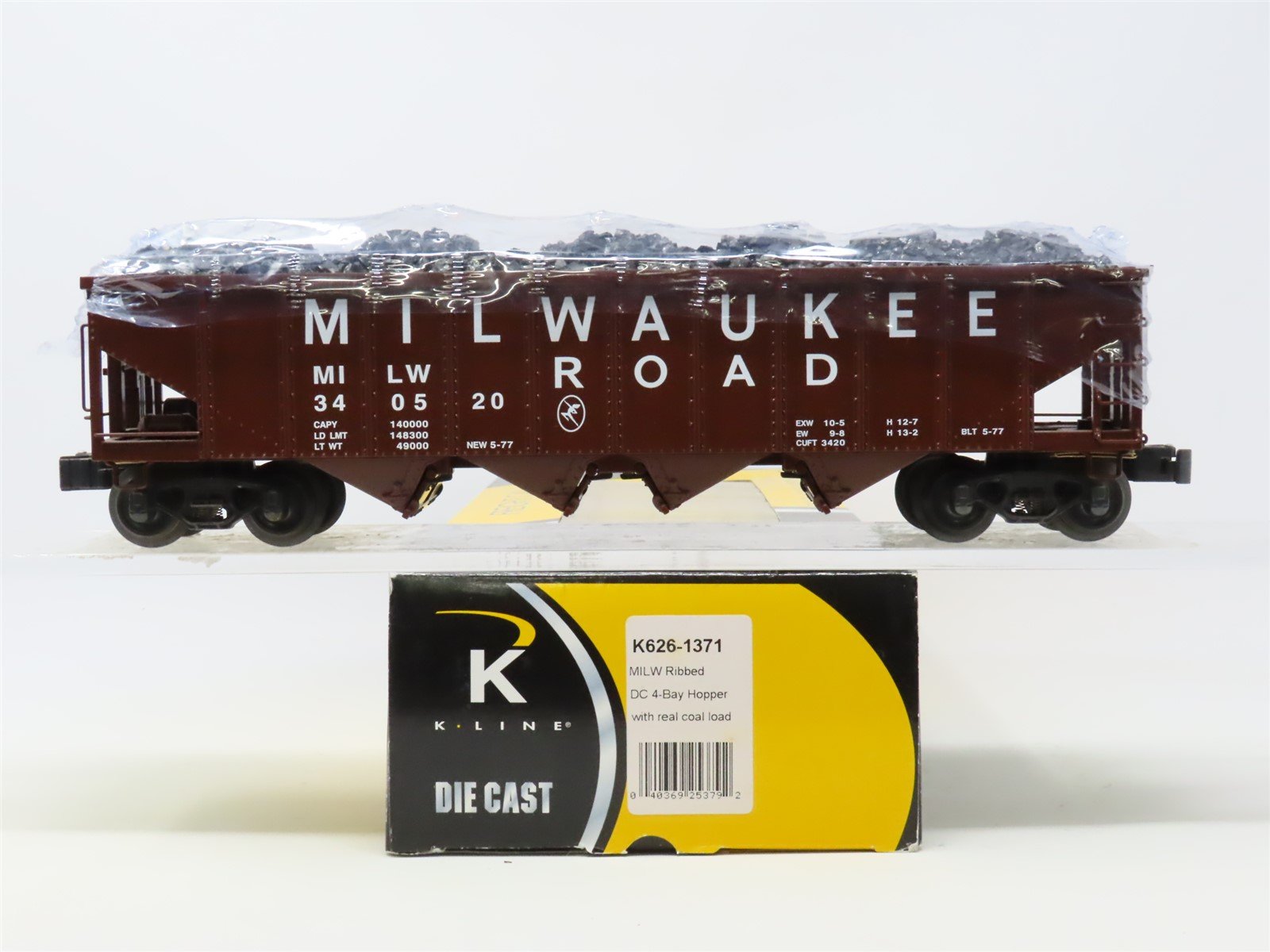O Gauge 3-Rail K-Line K626-1371 MILW Milwaukee 4-Bay Hopper #340520 w/Coal Load
