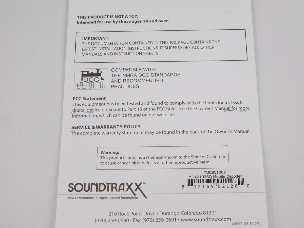 Soundtraxx MC1Z102SQ #851002 2-Function DCC Mobile Decoder Only