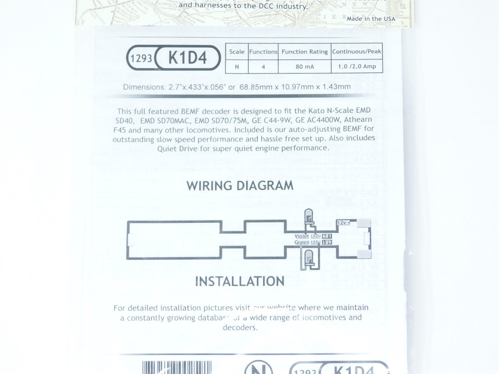 TCS 1293 K1D4 4-Function N Scale DCC Drop-in Decoder for Kato & Athearn Diesel