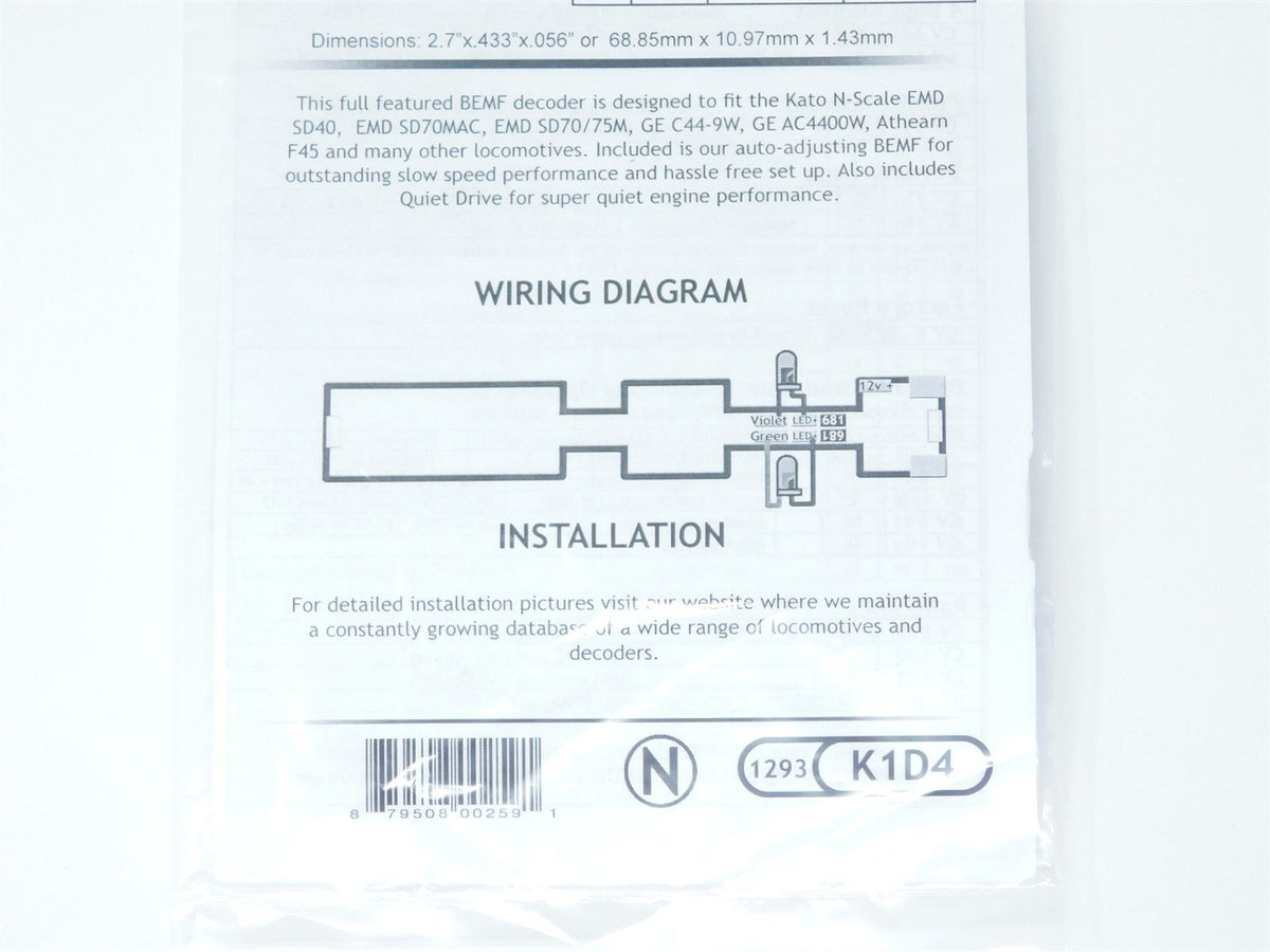 TCS 1293 K1D4 4-Function N Scale DCC Drop-in Decoder for Kato &amp; Athearn Diesel