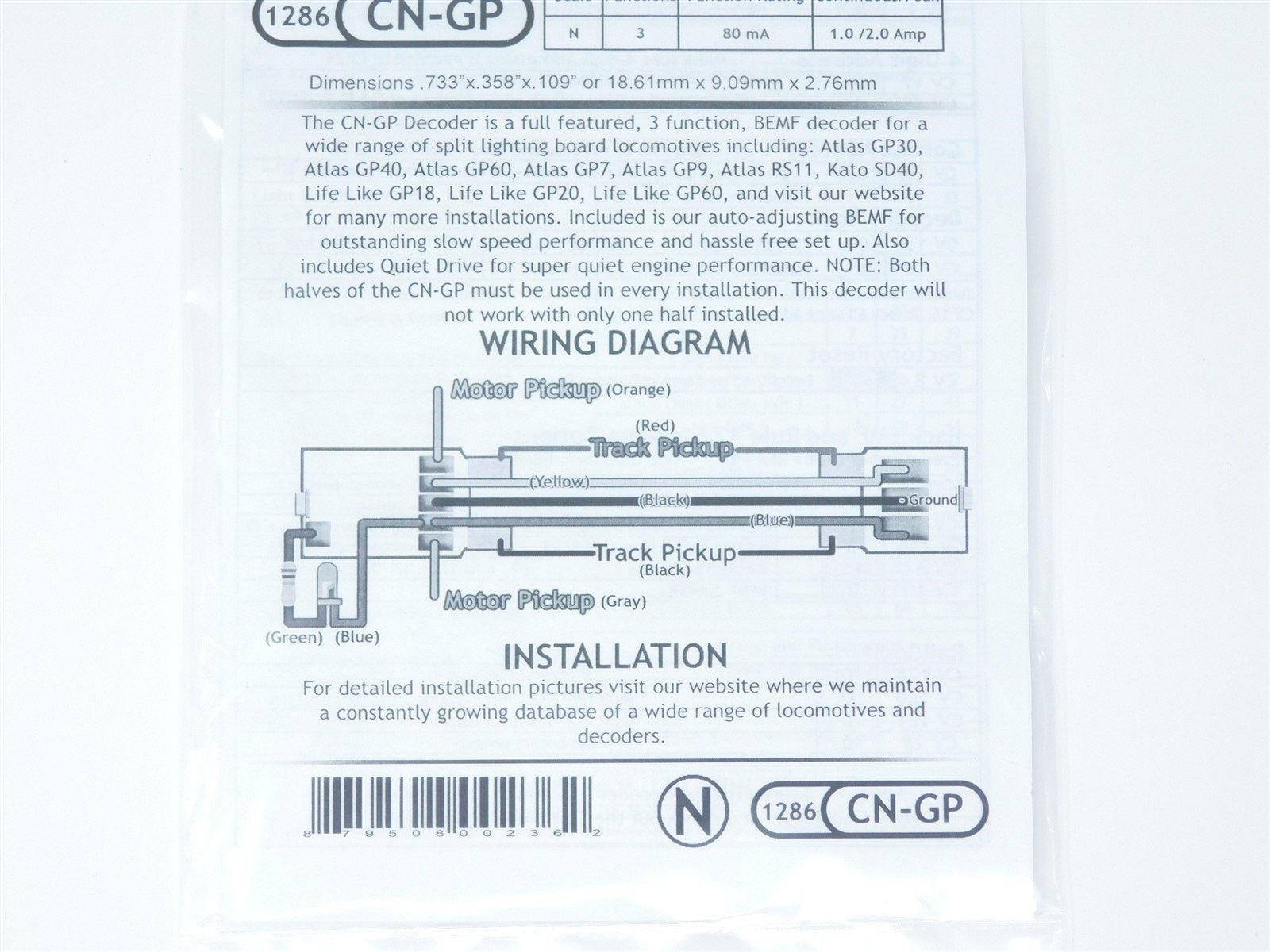 TCS 1286 CN-GP 3-Function N Scale DCC Drop-in Decoder: Atlas, Kato & Life Like