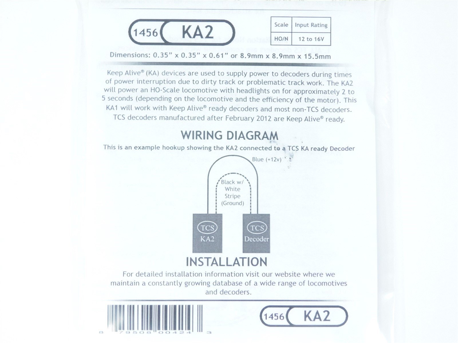 TCS 1456 KA2 DCC Keep-Alive: Interruption Power for HO & N Scale Locomotives