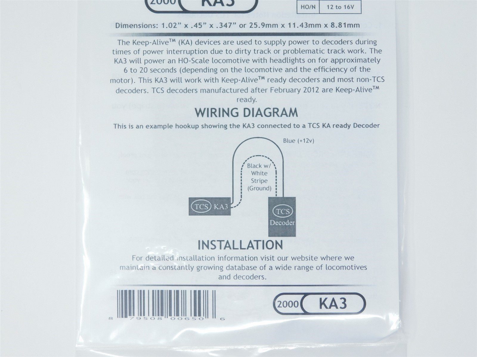 TCS 2000 KA3 DCC Keep-Alive: Interruption Power for HO Scale Locomotives