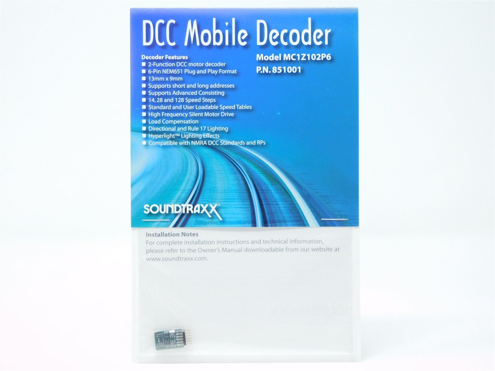 Soundtraxx 851001 MC1Z102P6 Z/N Scale 2-Function DCC Mobile Decoder 6-Pin NEM651