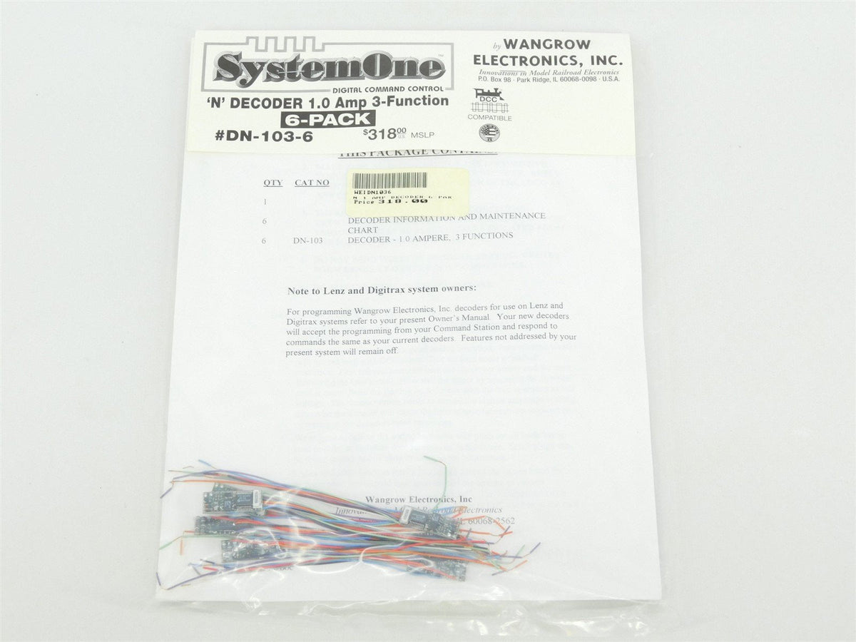 Wangrow System One #DN-103-6 N Scale 1.0 Amp 3-Function DCC Decoder 6-Pack