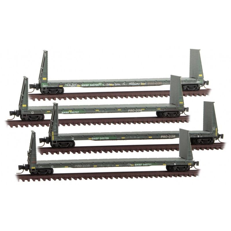 Z Micro-Trains MTL 99405282 BNSF/ex-Procor 60' Bulkhead Flat Car Set - Weathered