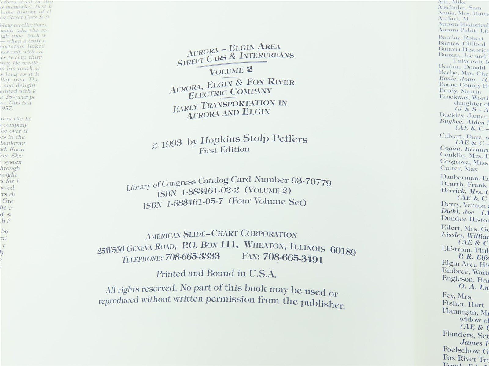 Aurora Elgin Area Streetcars Interurbans by Hopkins Stolp Peffers ©1993 HC Book