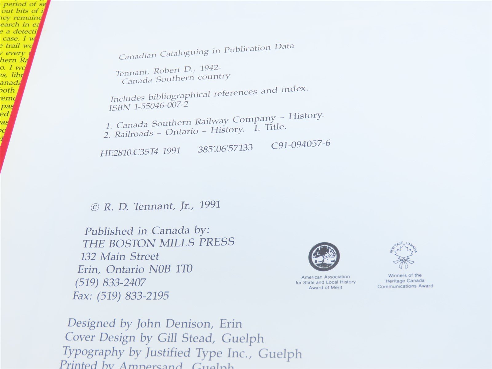 Canada Southern Country by Robert D Tennant Jr. ©1991 HC Book