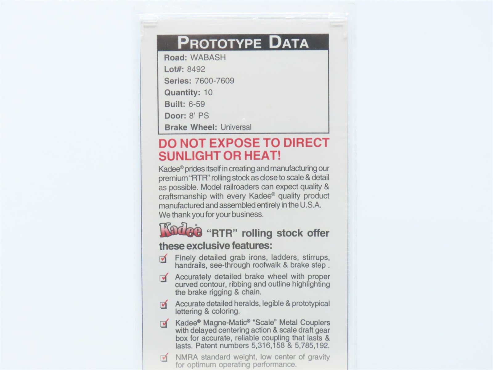 HO Scale Kadee 5267 WAB Wabash 40' Single Door Steel Box Car #7607