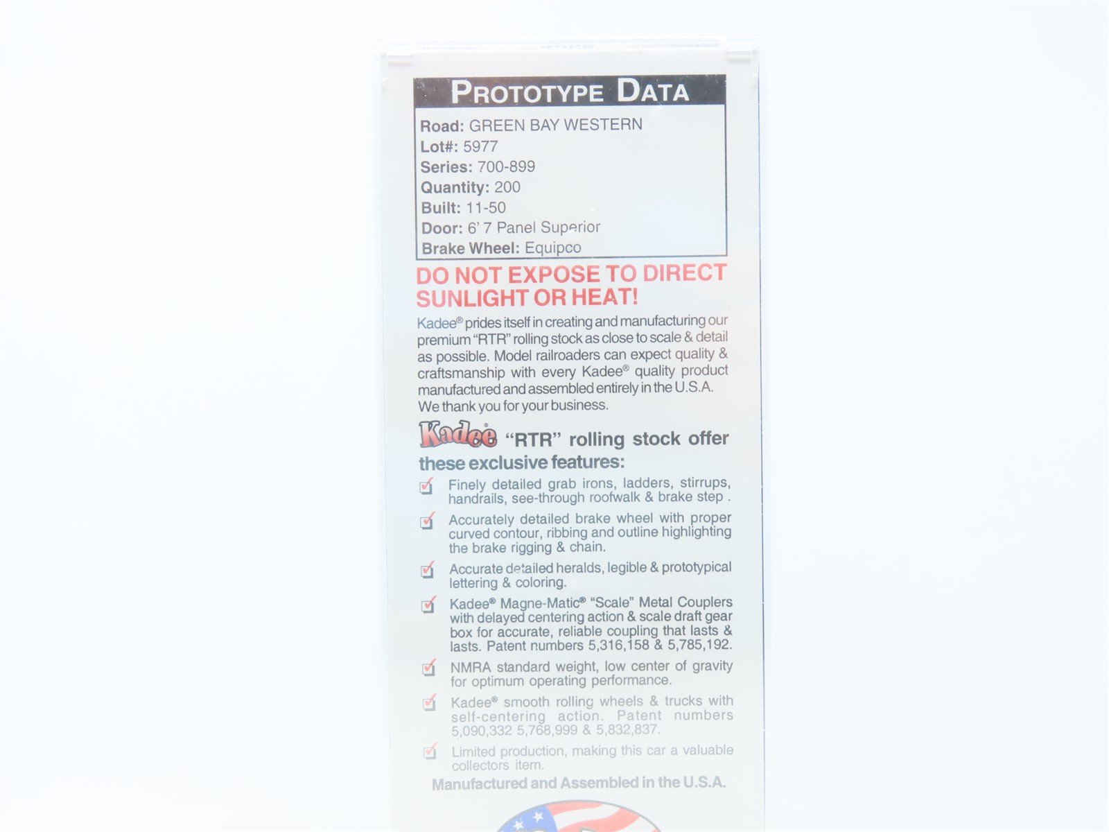 HO Kadee Cars #4066 GBW Green Bay Route 40' Single Door Box Car #708 - Sealed