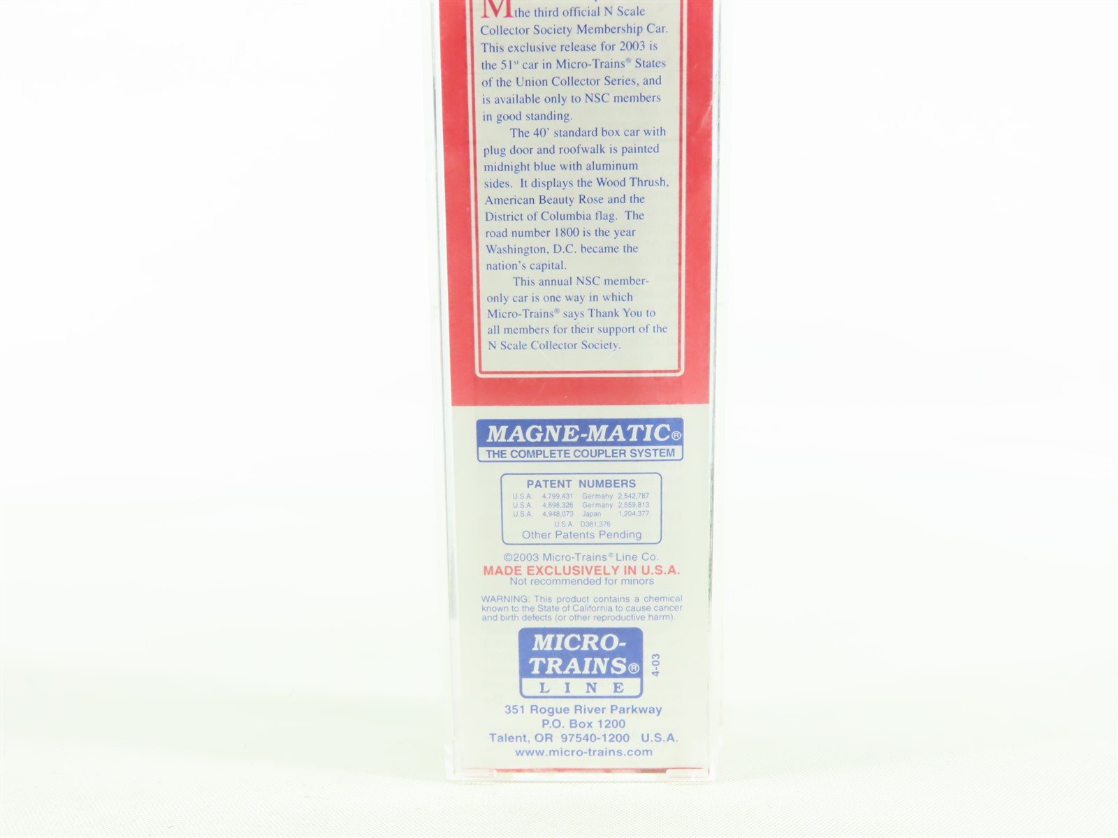 N Micro-Trains MTL NSC Special Run DC District of Columbia 40' Box Car #1800