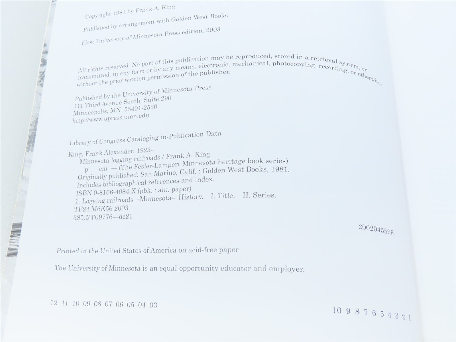 Minnesota Logging Railroads by Frank A King ©2003 SC Book