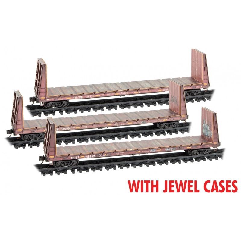 N Micro-Trains MTL 98305051 BNSF 61' Bulkhead Flat Car 3-Pk Weathered w/Graffiti