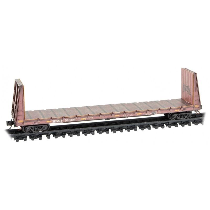 N Micro-Trains MTL 98305051 BNSF 61&#39; Bulkhead Flat Car 3-Pk Weathered w/Graffiti