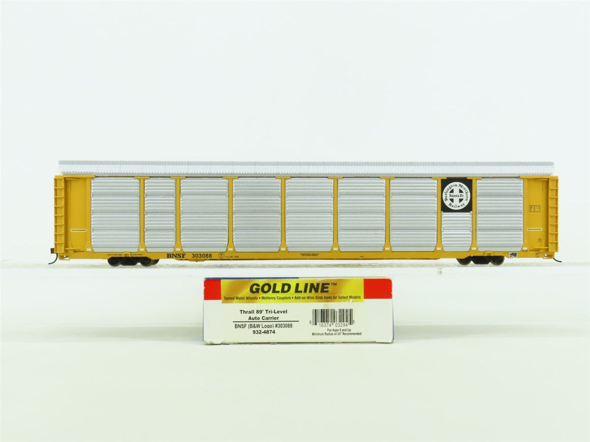 HO Walthers Gold Line 932-4874 BNSF (B&amp;W Logo) 89&#39; Tri-Level Auto Carrier 303088