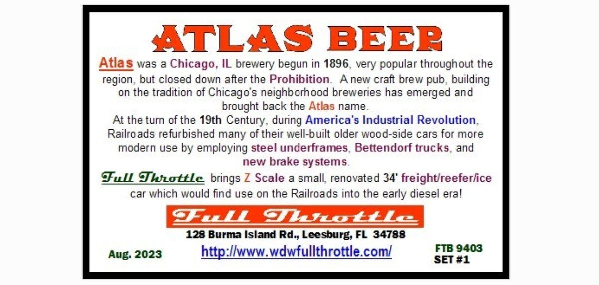 Z Scale FULL THROTTLE FTB9403-1 GARE Atlas Beer 34&#39; Woodside Reefer Set #1