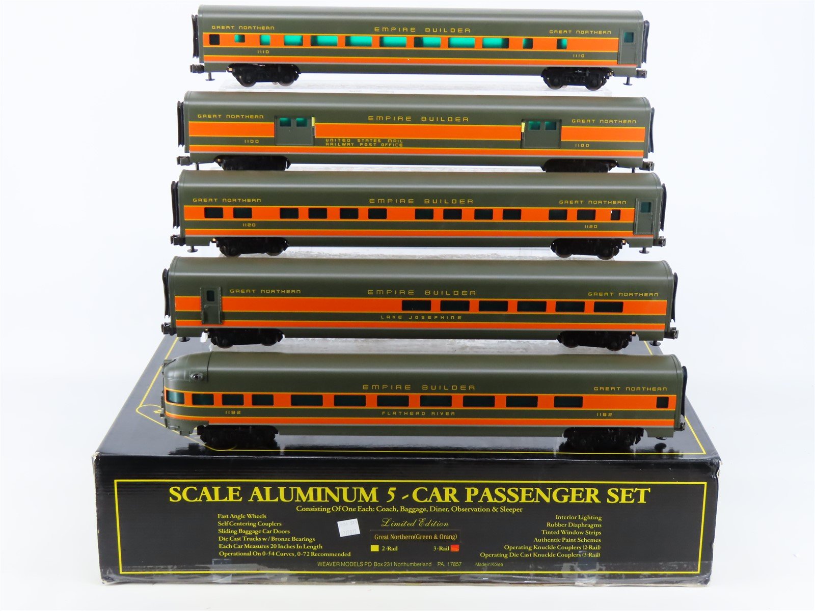 O Gauge 3-Rail Weaver GN Great Northern Green & Orange 5-Car Passenger Set