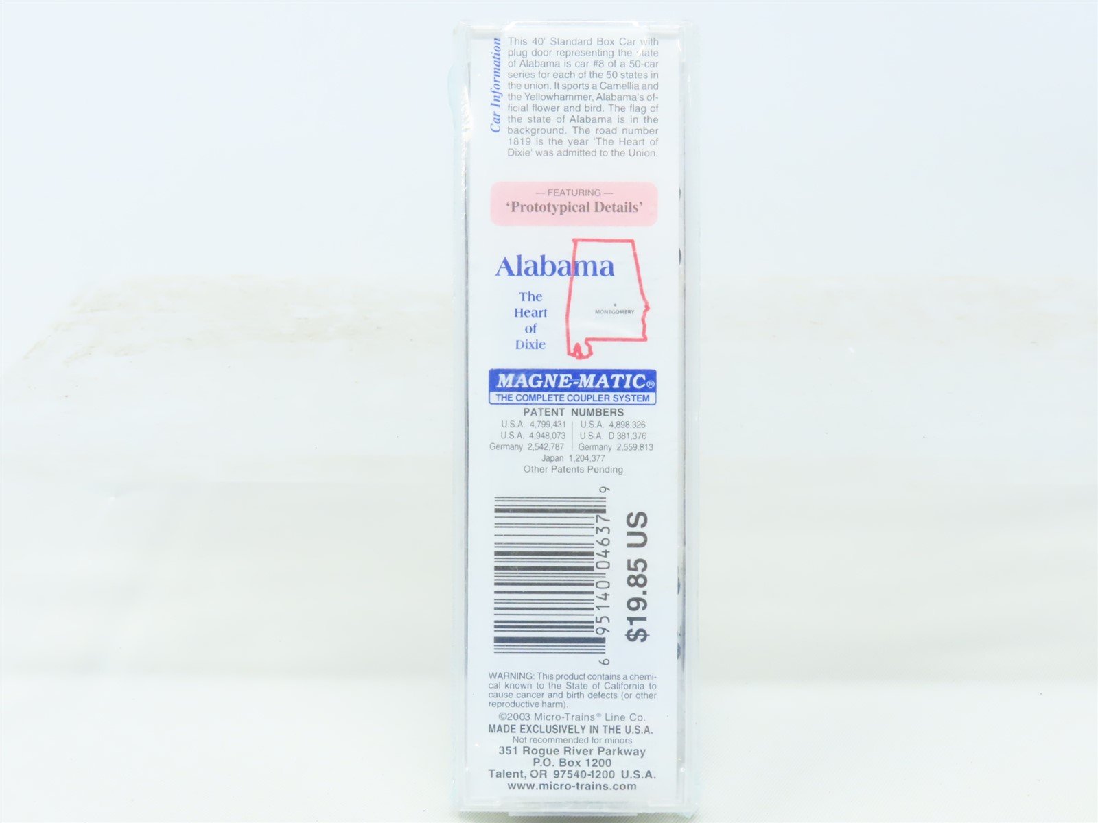 N Scale Micro-Trains MTL 21372 AL Alabama State 40' Box Car #1819 Sealed