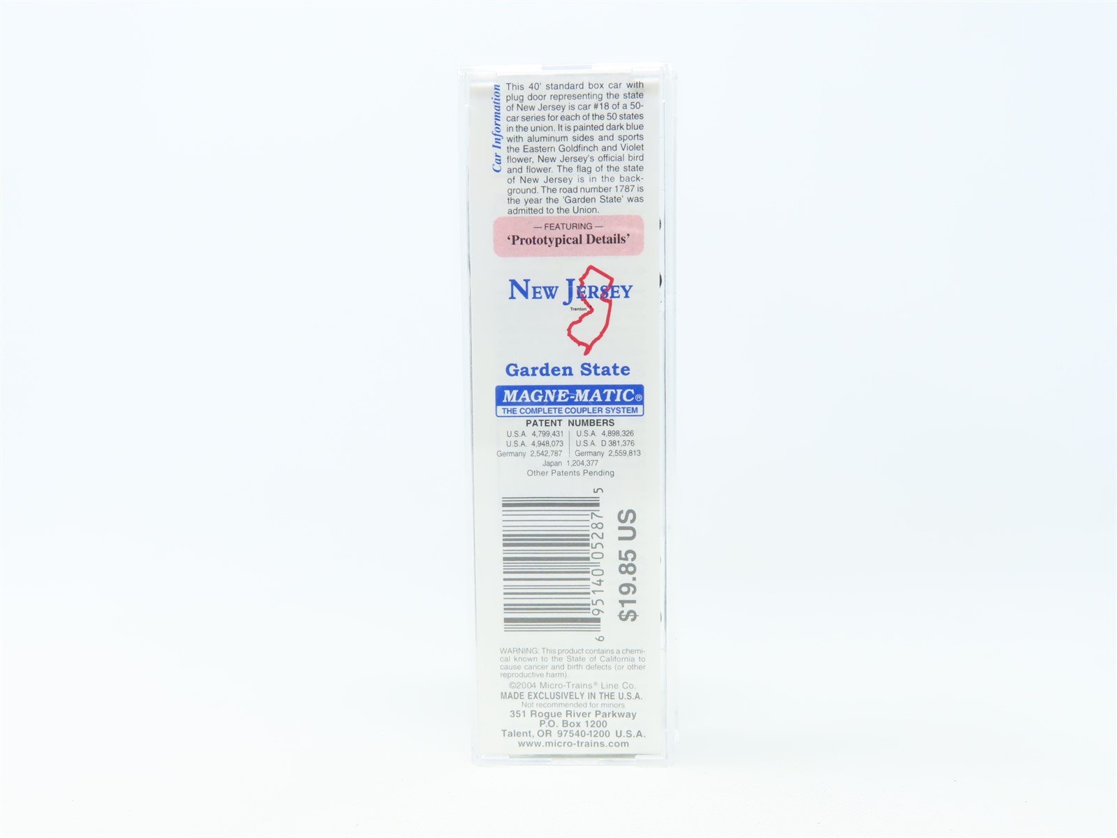 N Scale Micro-Trains MTL 21382 NJ New Jersey State 40' Plug Door Box Car #1787