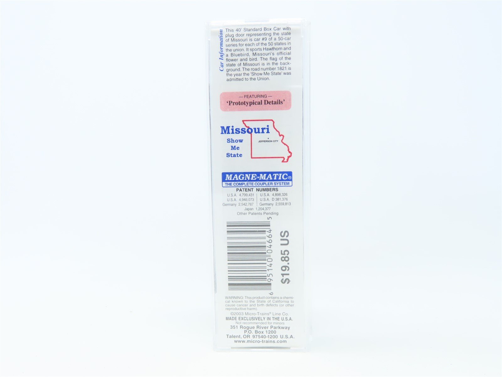 N Scale Micro-Trains MTL 21373 MO Missouri State 40' Plug Door Box Car #1821