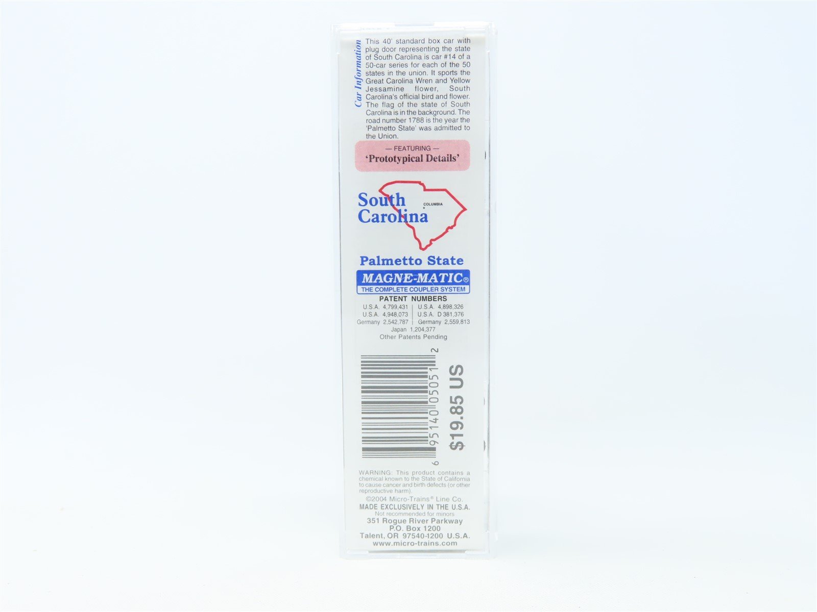 N Scale Micro-Trains MTL 21378 SC South Carolina State 40' Box Car #1788