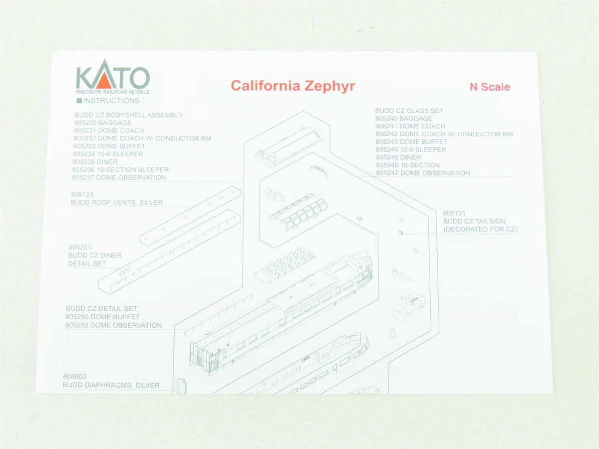 N Scale Kato #106-055 CB&amp;Q, D&amp;RGW, WP California Zephyr 11-Car Passenger Set