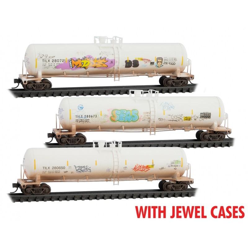 N Scale Micro-Trains MTL 98305059 TILX 56&#39; Tank Car Set 3-Pk Weathered Graffiti