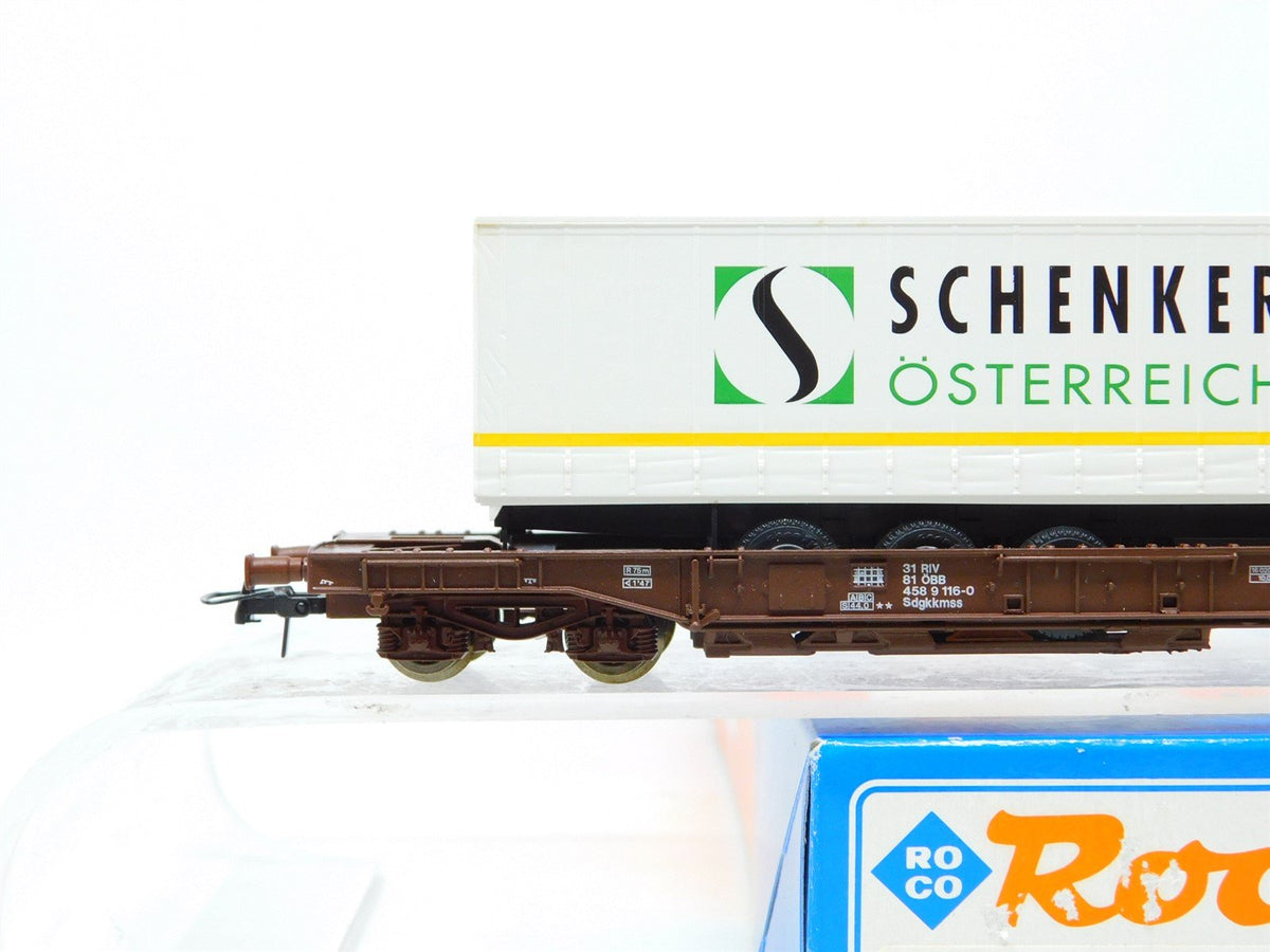 HO Scale Roco 47018 OBB Austrian Well Flat Car #116-0 w/Schenker Trailer