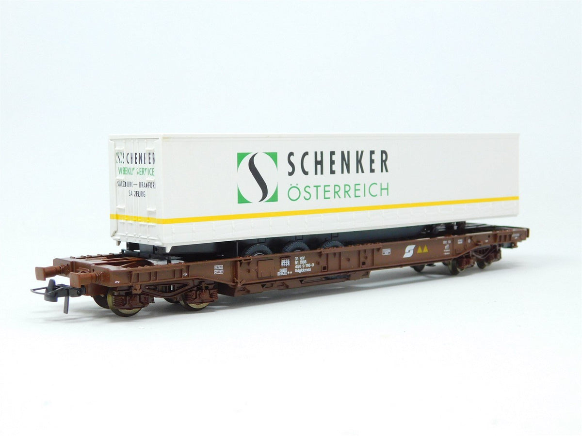 HO Scale Roco 47018 OBB Austrian Well Flat Car #116-0 w/Schenker Trailer