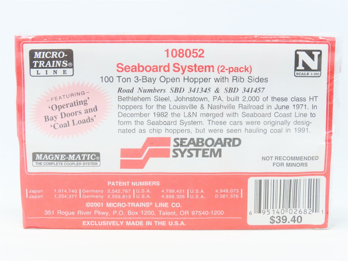 N Micro-Trains MTL 108052 SBD Seaboard System 3-Bay Hopper w/Load 2-Pk. - SEALED