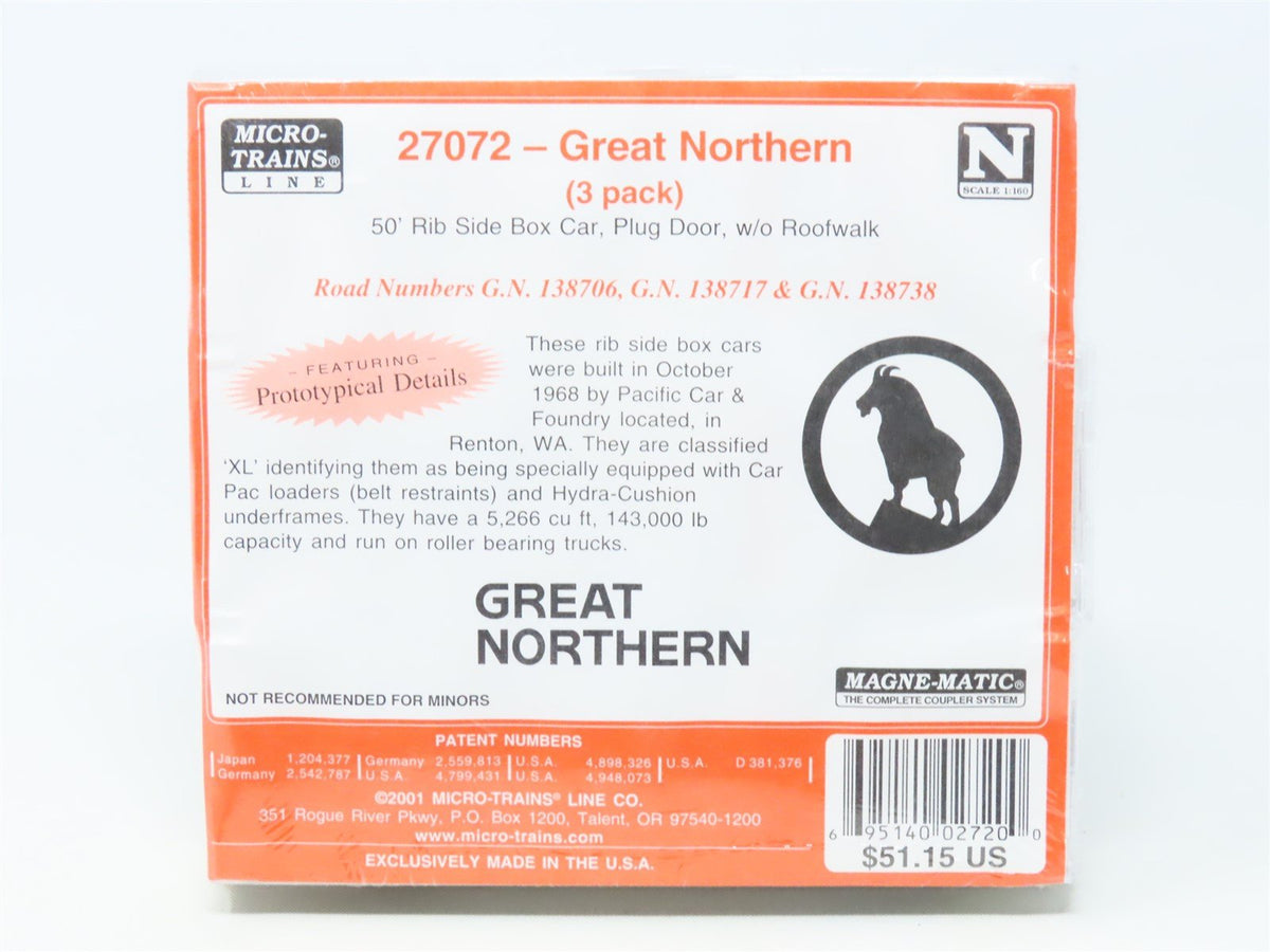 N Micro-Trains MTL #27072 GN Big Sky Blue 50&#39; Plug Door Box Car 3-Pack - SEALED