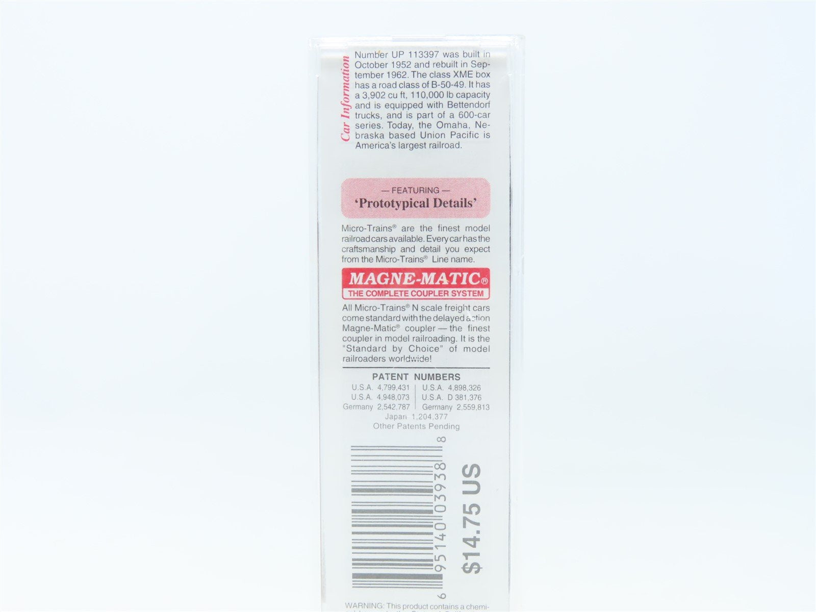 N Scale Micro-Trains MTL 21140 UP Union Pacific 40' Plug Door Box Car #113397