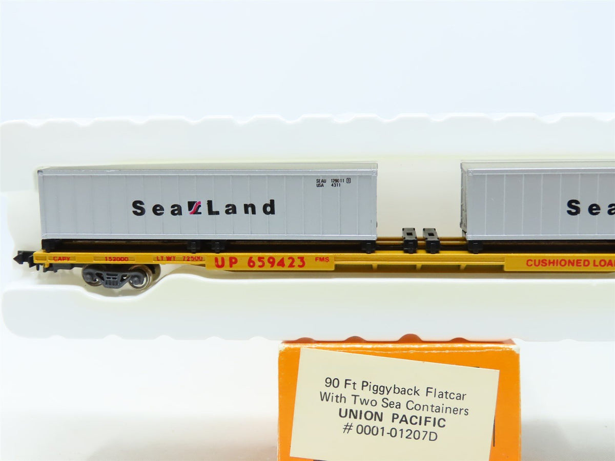 N Con-Cor #0001-01207D UP Union Pacific 90&#39; Flat Car w/ Sea Land Containers