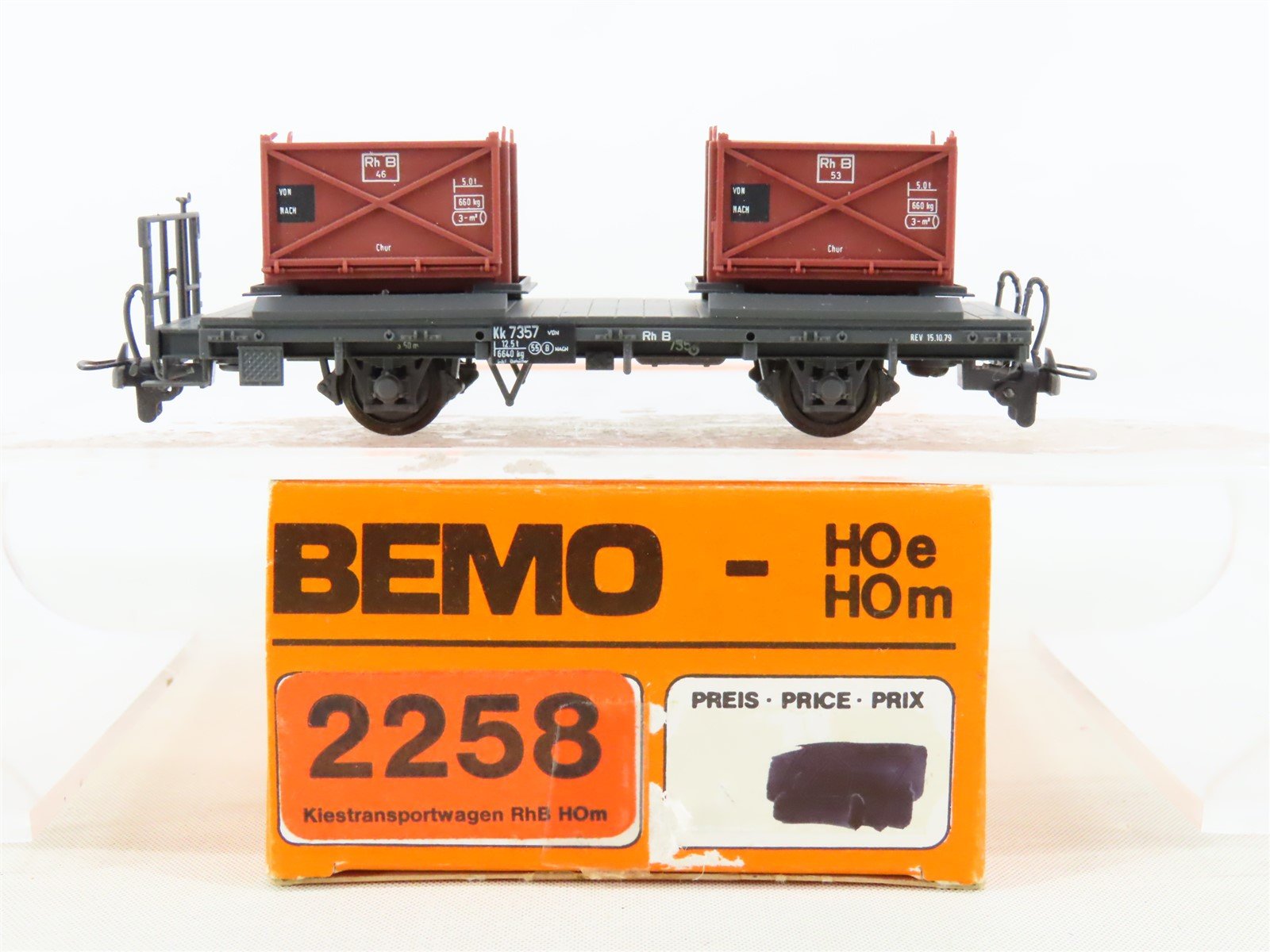 HOm Scale Bemo 2258 RhB Rhaetian Railway Flat Car #7357 w/Container Load