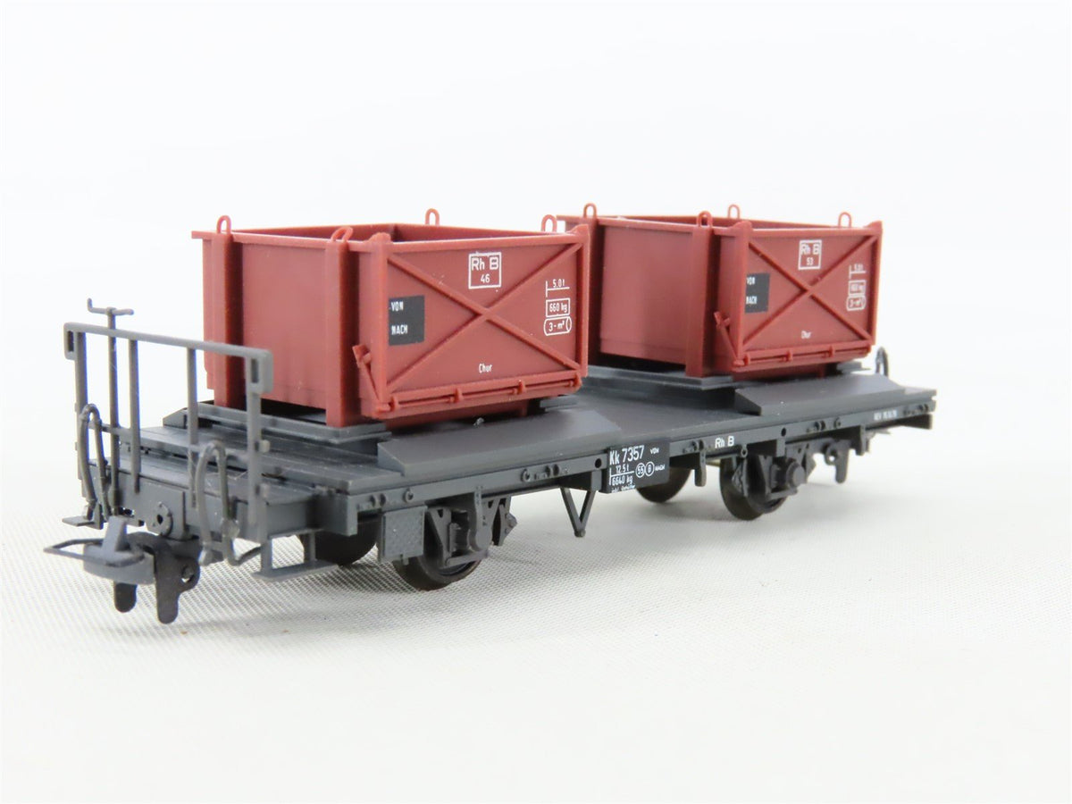 HOm Scale Bemo 2258 RhB Rhaetian Railway Flat Car #7357 w/Container Load