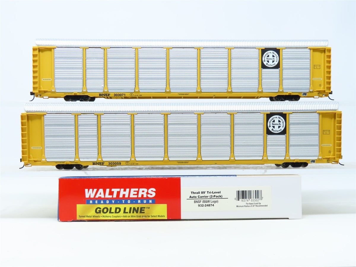 HO Walthers Gold Line 932-24874 BNSF (B&amp;W Logo) 89&#39; Tri-Level Auto Carrier 2-Pk