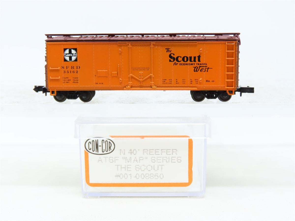 N Scale Con-Cor 001-008850 SFRD Santa Fe &#39;Scout&#39; 40&#39; Steel Reefer #35162