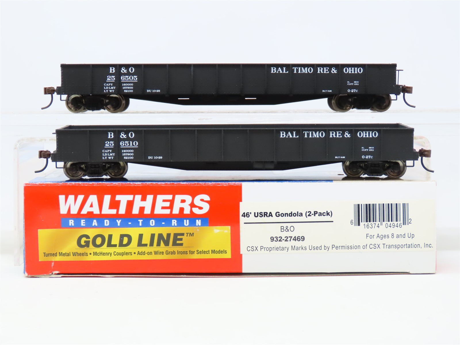 HO Walthers Gold Line #932-27469 B&O Baltimore & Ohio 46' USRA Gondola (2-Pack)