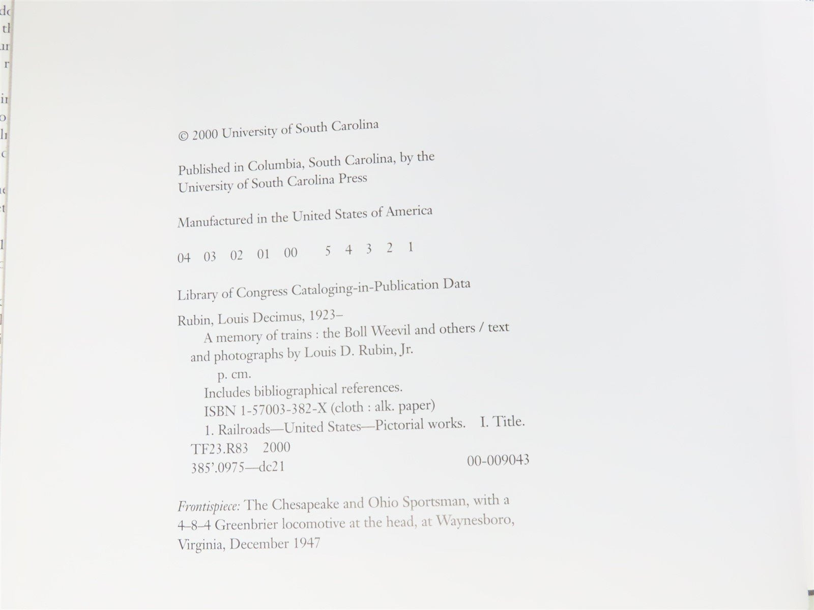 A Memory Of Trains: The Boll Weevil And Others by Louis D Rubin, Jr ©2000 HC