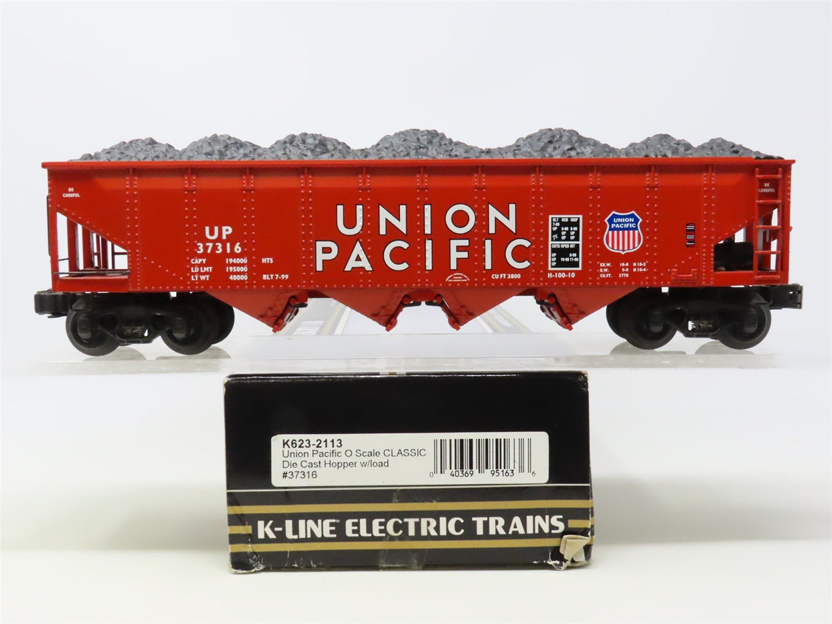 O Gauge 3-Rail K-Line K623-2113 UP Union Pacific 4-Bay Hopper #37316 w/Load