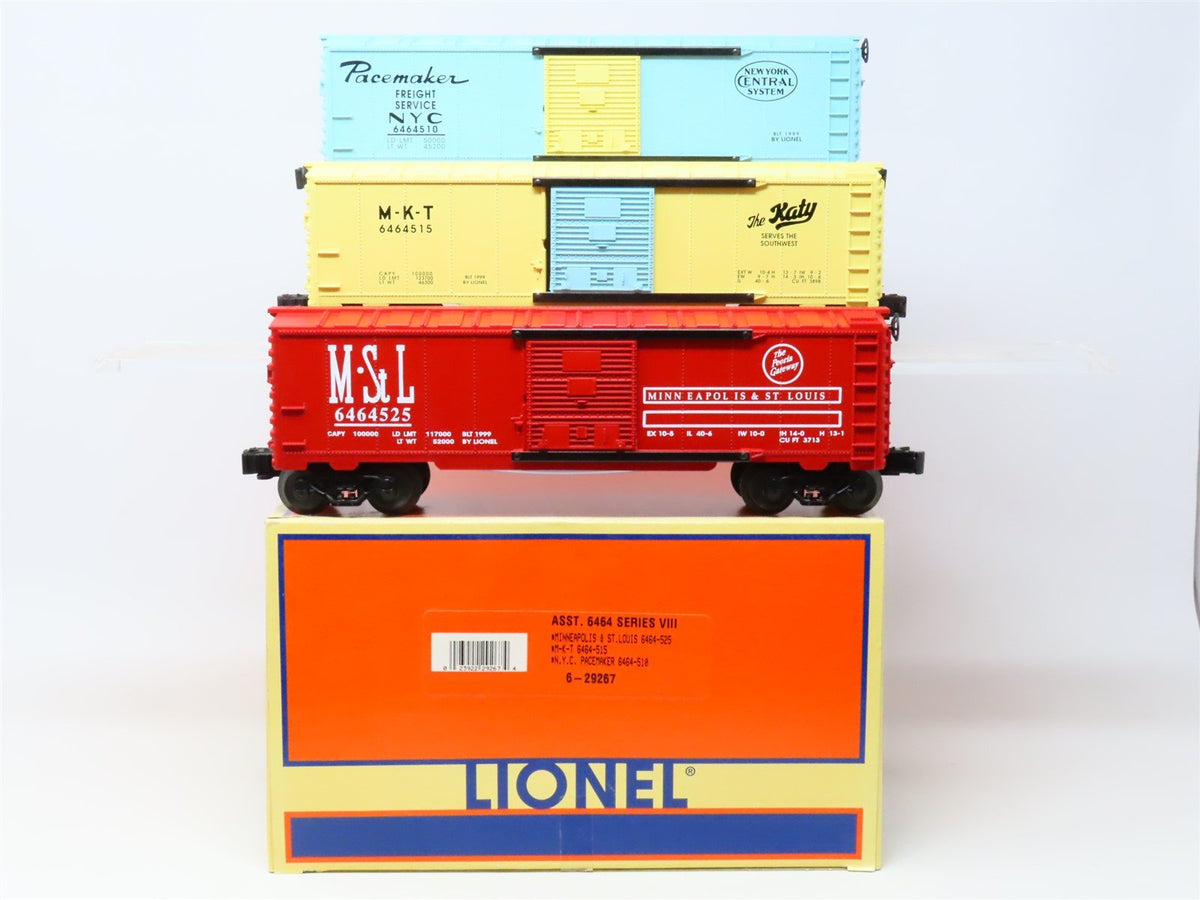 O Gauge 3-Rail Lionel 6464 Series VIII #6-29267 NYC, MKT, M&amp;StL Box Cars 3-Pack