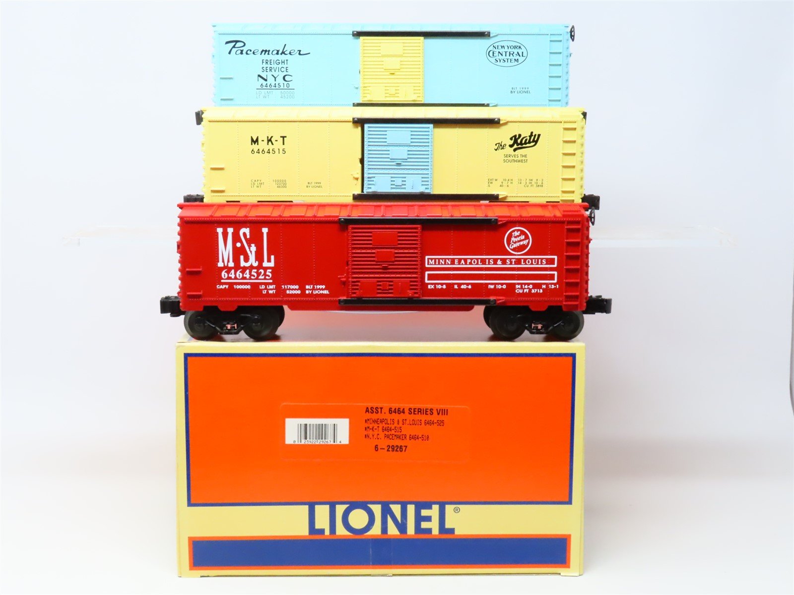 O Gauge 3-Rail Lionel 6464 Series VIII #6-29267 NYC, MKT, M&StL Box Cars 3-Pack