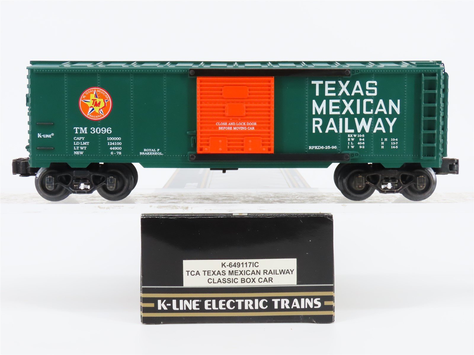 O27 Gauge 3-Rail K-Line K-649117IC TM Texas Mexican Railway Box Car #3096