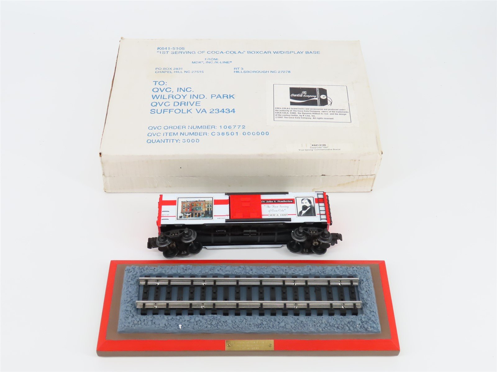 O Gauge 3-Rail K-Line K641-5105 "First Serving of Coca-Cola" Box Car w/Base