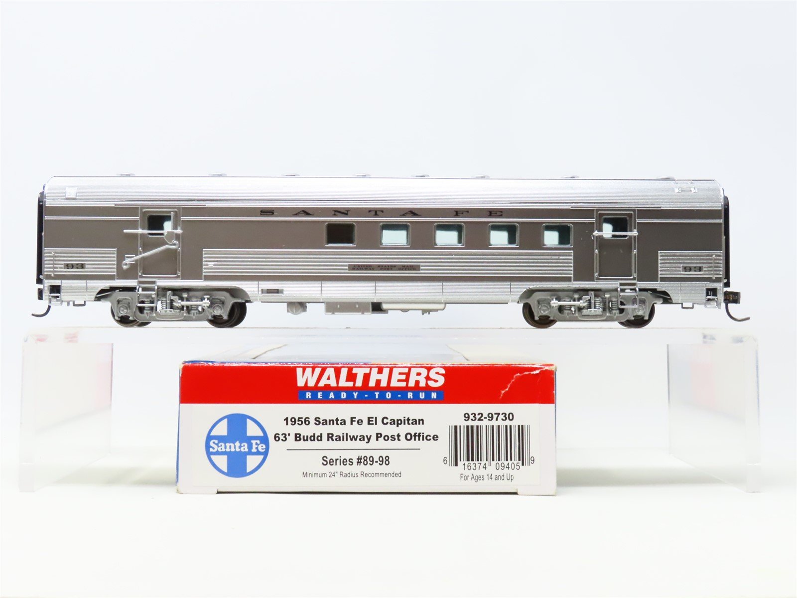 HO Scale Walthers 932-9730 ATSF Santa Fe 63' Budd Post Office Passenger Car #93