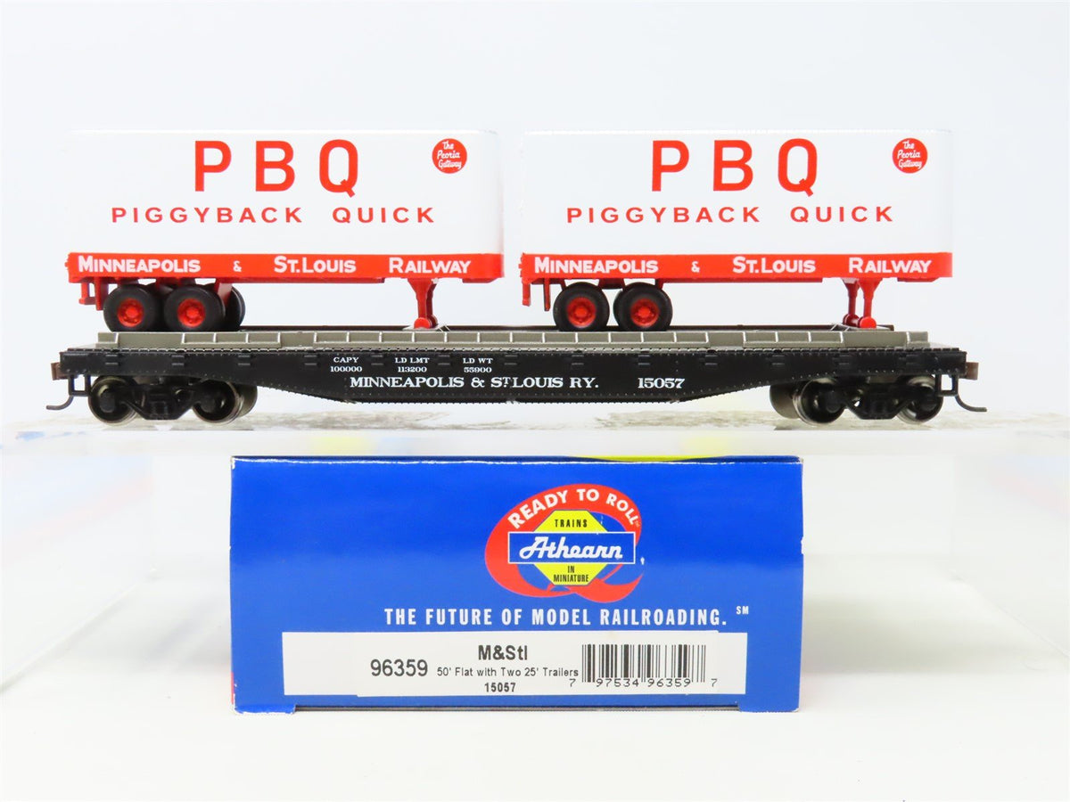 HO Athearn 96359 M&amp;StL Minneapolis &amp; St Louis 50&#39; Flat Car #15057 w/ Trailers