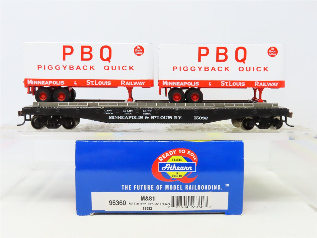 HO Athearn 96360 M&amp;StL Minneapolis &amp; St Louis 50&#39; Flat Car #15082 w/ Trailers