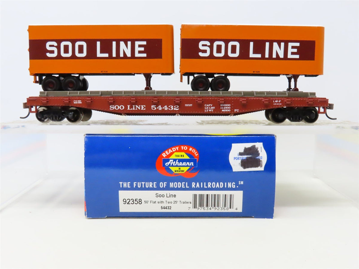 HO Scale Athearn 92358 SOO Line 50&#39; Flat Car #54432 w/ Two 25&#39; Trailers